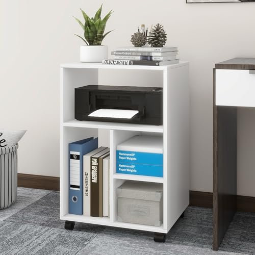 PUNCIA Mobile Filling Cabinet with 4 Open Compartments Printer Stand with Storage on Wheels Desk Side Storage Shelf All-in-one White Wood Printer Table for Office Supplies Home Office 50x40x75cm