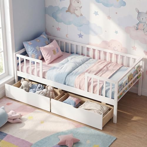 KOMFOTT Wood Twin Bed Frame with Fence Rails & 2 Pull-Out Drawers, Kids Twin Bed Frame with Side Shelf, No Box Spring Needed Solid Wood Slats Supported Daybed for Children & Teens (White)