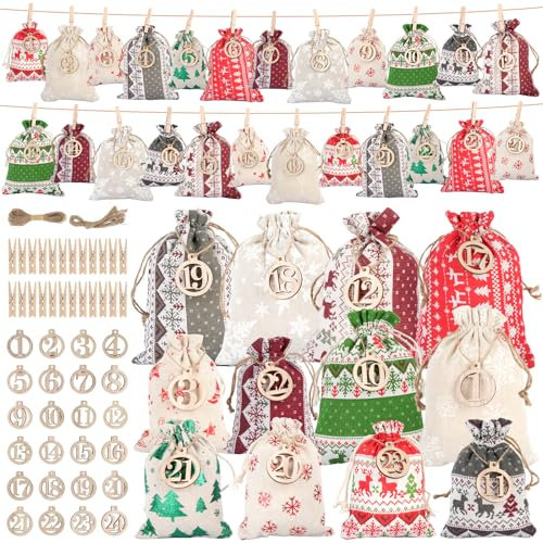 Adventskalender zum Befüllen, Stoff Adventskalender Selber Befüllen 24 Stoffbeutel 2 Größe, Weihnachtskalender zum Befüllen mit Zahlen aus Holz 1-24, Clips, Seil für Kinder Frauen Männer