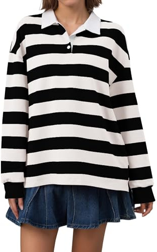Meladyan Rugby-Shirt für Damen, Poloshirt, gestreift, Sweatshirt, Übergröße, langärmelig, Revers, V-Ausschnitt, Pullover, Top, Y2K, Streetwear-Blusen