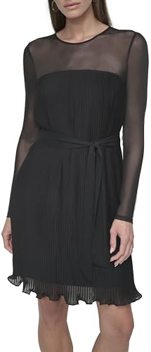 DKNY L/S Pleated A-Line Dress Vestido, Negro, 38 Mujeres