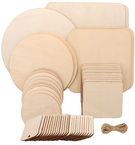 Wenrescry 53 rodajas de madera, placas de madera sin tratar para manualidades, redondas, cuadradas, para pintura, graffiti, pirografía y decoración, con cuerda de cáñamo y 7 tamaños