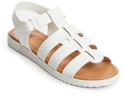 FabKids Sandalias de gladiador trenzadas con tiras para niñas, sandalias planas de verano, puntera abierta, zapatos de vestir para fiestas, para niños pequeños y grandes, 3 rayas blancas, 13 Little