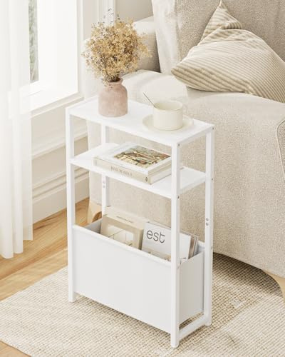 Apetaccat Narrow Side Table for Small Spaces, Small End Table with Storage Basket, Slim Bedside Table for Bedroom, White Sofa Side Tables Living Room,Bathroom
