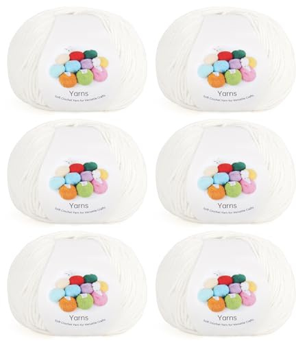 Coopay Pelotes de Laine à Tricoter, 6x45g, Laine Crochet Tricot Doux en Acrylique et Coton, 4 Brins, Fil à Crocheter pour Layette, Écharpe, Carrés Granny Square - Blanc