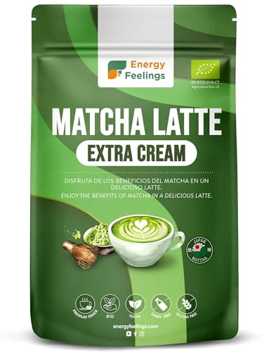 Energy Feelings Matcha Latte in Polvere Bio Extra Cream, Mix Bibita Vegetale con Tè Matcha Verde Biologico Premium Giapponese, Tè Solubile Istantaneo, Senza Glutine né Lattosio, 500g