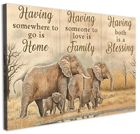 Galmcook Framed Canvas Wall Art Elephant Family Inspirational Quote Rustic Farmhouse Animal Picture Wall Canvas for Living Room Bedroom Hallway and Stairs Decoration with Hooks and Magic Tape
