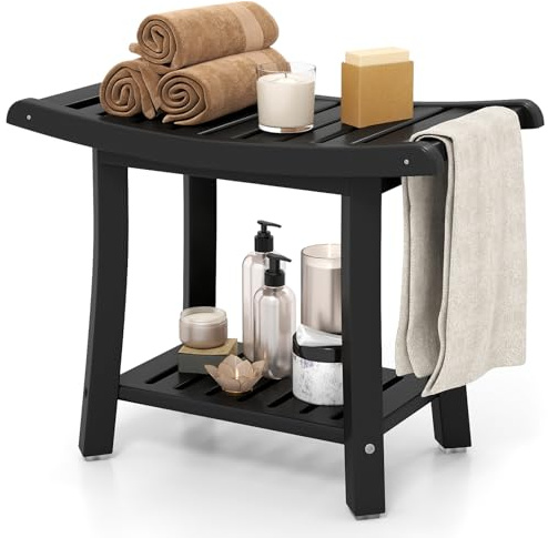 COSTWAY Duschbänk, badrum, sittbänk med hylla, badpall kan belastas på 170 kg, badrumsbänk, duschstol, duschpall för vuxna, seniorer, 60,5 x 34 x 48 cm (svart)