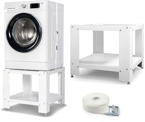 ROLLER Kappatos tvättmaskinsunderrede 50 cm med hylla – robust piedestal för tvättmaskin och torktumlare – bas upp till 300 kg – galvaniserat stål – höjdjusterbara fötter inkl. spännrem – vit