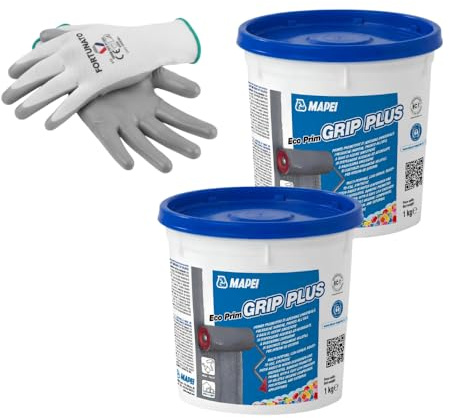 MAPEI Eco Prim Grip Plus Kit Primer Universale, 2 x 1 kg, con Guanti Protettivi in Nitrile, Resine Sintetiche, Certificato EC1 Plus, per Piastrelle e Superfici Difficili