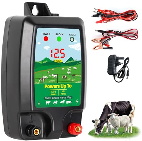 Electric Fence Energiser Kit, 2 Joule Output Waterproof Fence Charger for Horses 12V, Electric Fence Tester Insulators, 10km Range, High Voltage Pulse Controller for Livestock Sheep Cattle