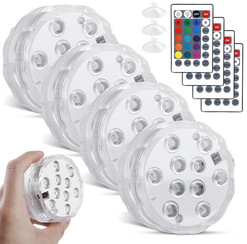 Luces Piscina Subacuáticas LED, Iluminación Sumergible IP68 con Mando a Distancia, Temporizador, 10 LED RGB, Ventosas, 16 Colores para Piscina, Estanque, Acuario, Fiesta, Boda, Halloween, 4 PCS