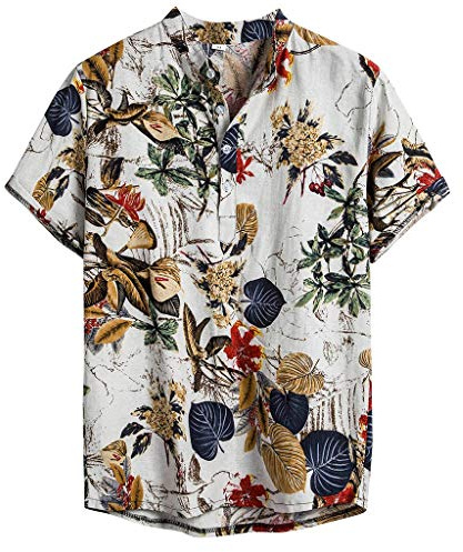 Camisa corta de lino para hombre, blusa casual con estampado étnico, manga para hombre, verano