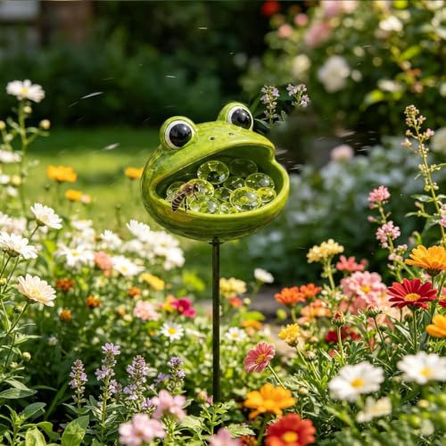 Unique Animal Watering Stations, Bee Drinking Cups for Garden Stakes with Frog Snail Ladybug Designs, Outdoor Resin Bee Feeder Decorative Water Bowl for Birds Bees Butterflies Small Wildlife、Frog