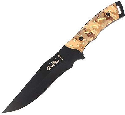 Muela Cuchillo TYPHOON-DES.N hoja de acero ACX-380 de 15 cm teflonada y empuñadura de goma desértica para Caza, Pesca, Supervivencia y Bushcraft Realizado en Ciudad Real + Portabotellas de regalo