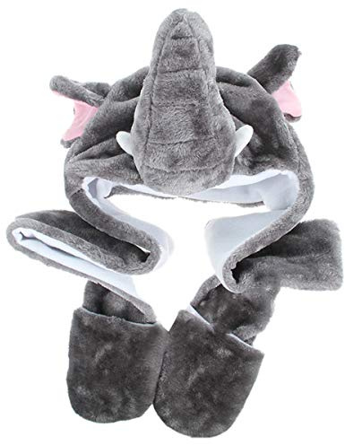 JK Home Déguisement Enfant Adulte Bonnet Animal Peluche 3 en 1 Chapeau d'Hiver Echarpe Gants Eléphant