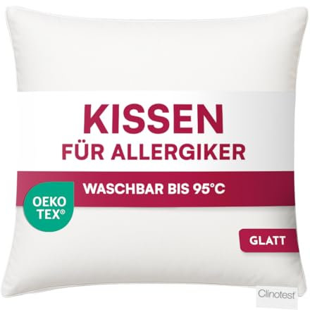 Clinotest Glattes Allergiker Kissen 80x80 cm, Polyester Kopfkissen klein, waschbar 95°C, Hotelqualität, kleines Kissen Oeko-Tex 100, weich, flaches Kopfkissen, für Kinder & Erwachsene, 700g Füllung