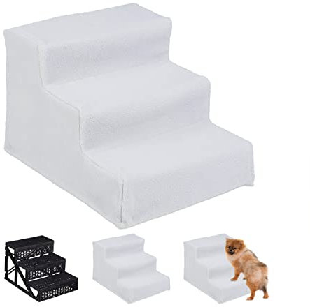 Relaxdays Hundetreppe 3 Stufen, kleine & große Hunde, Bett & Couch, Stoffbezug, Tiertreppe innen, HBT: 30x35x45 cm, weiß