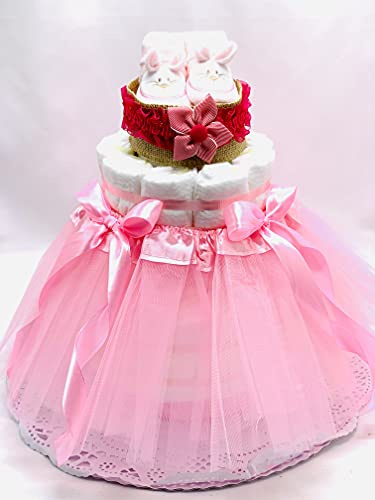 Tarta de pañales 2 pisos niña - Tarta Bailarina con diadema y patucos - Regalo original para recién nacido con DEDICATORIA incluida - Tarta pañal niña