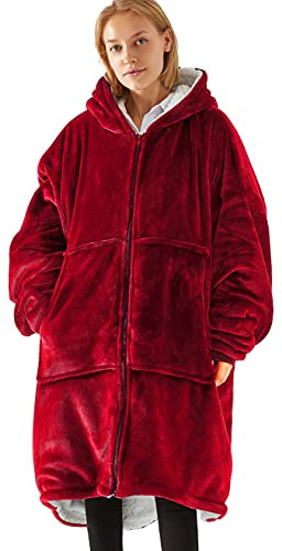 Vancavoo Gosig tröja dam herr filttröja flanell filt huvtröja sweatshirt överdimensionerade tröjor filtar oversize kappa med dragkedja och jättestor ficka, Rött vin, En Storlek
