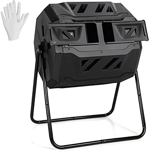 COSTWAY Composteur de Jardin Portable 160 litres en Plastique avec Double Chambre Rotatif 360° 2 Portes Coulissantes 2 Gants Système d'Aération Cadre en Acier Noir