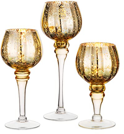 Nuptio Portavelas Vidrio Alto 3 Piezas Candelabros para Velas Grandes Té Juego Mesa Velas de Oro para Velas Flotantes y Pilar, Porta Cirios Mercurio para Bodas Fiestas Decoración Navideña
