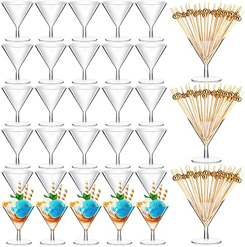 Irenare 100 Pcs 2 oz Plastic Martini Glasses and Cocktail Picks Set Disposable Clear Cocktail Dessert Glasses Unbreakable Mini Cups for Wedding Party Wine Appetizers Food