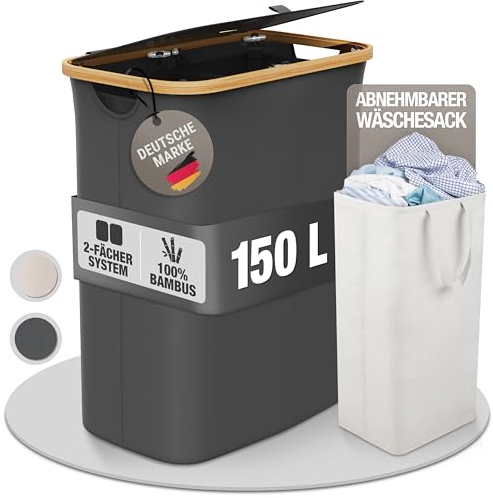 Wäschekorb 150L Faltbar mit Deckel und 2 Fächern – Wäschesammler Bambus-Stoff Grau – Wäschebox, Wäschetruhe, Wäschebehälter, Wäschetrenner für Bad, Schlafzimmer & Waschküche