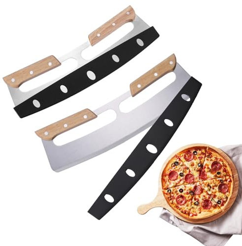 2 Pack Pizza Cutter Rocker with Wood Handles & Protective PP Cover, 14 430 Stainless Steel Pizza Slicer Wheel, Big Pizza Knife Cutters Kitchen Tool (14 inch)