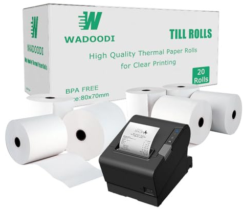 80 x 70mm x 12.7mm Thermal Paper Till Receipt Rolls for EPOS Printer, POS Terminal, Cash Register (20)