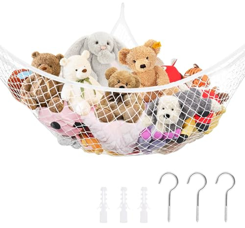 ASelected Toy Net Hammock,Teddy Hammock With Hooks,Large Mesh Toys Holder Toy Storage Net Corner Wall,Net Organiser- Keep Childs Room Nursery Tidy For Soft Stuffed Animal Toys,Teddy Bear,White