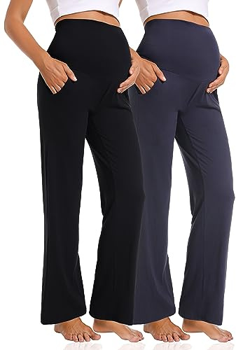 Gowjog Pantaloni premaman donna pantaloni maternità casual larghi gamba dritta sopra la pancia lounge pantaloni con tasche pantaloni gravidanza, Confezione da 2 nero/blu marino, S