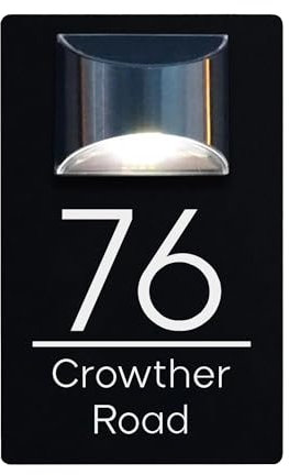 Housics Personalised House Numbers Plaques with Solar Light – Waterproof Composite Aluminium Door Number Plaques for Wall, Custom House Sign with House Number & Street Name (160mm X 280mm, Black)