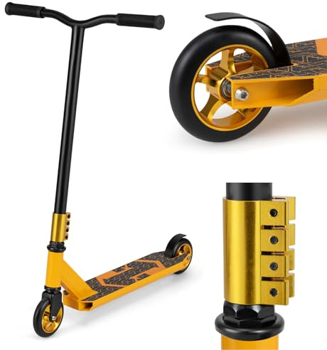GYMAX Stunt Scooter for Kids, Lightweight Freestyle Pro Trick Scooters with PU Wheels & Aluminum Deck, 360° Spin Handlebar Street Scooter for Beginners Teens Ages 10+ (Yellow)