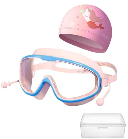 Wohlstand Gafas Natación para Niños,Gafas de Natación Infantil,Gafas Natacion Niño,Gorro Piscina Niño,Rayos anti-fog y UV, marco grande,180 grados sin esquinas muertas,Trae una gorra de natación de PU