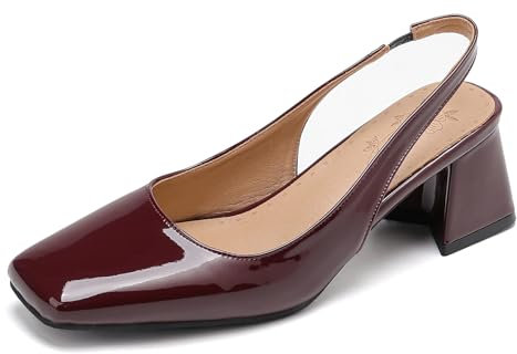 Gicoiz Slingback Mary Jane Donna Square Toe Vernice Pumps Senza Chiusura Sposa Slipper Eleganti Tacco a Blocco Scarpe da Sera Vino Rosso Numero 36 EU