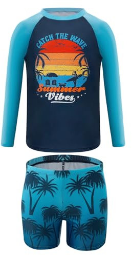 Cheerful Mario UV Badebekleidung Junge Langarm Rashguard-Shirts Sonnenschutz Kinder Schwimmanzug Zweiteilig Schwimmshirt Badeshorts Set Marine 7-8 Jahre