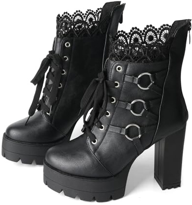 FOREADA High Heel Boots For Women Black Platform Booties Chunky Heeled Fashion Lace Up Goth Ankle Boots with Zipper Round Toe Punk Gothic Shoes