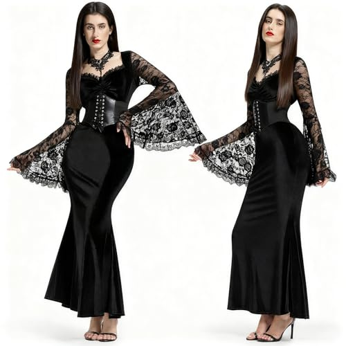 BuzzoXerex Robe Gothique Femme, Morticia Addams Costume avec Corset Noir, Collier, Dentelle Manches Trompette Velours Deguisement Halloween Femme Renaissance pour Halloween, Cosplay (S)