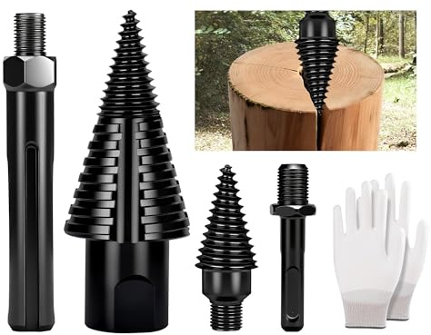 REKCKRUL 6pcs Premium Firewood Log Splitter Drill Bit Set with Detachable Design, 50mm Heavy Duty Wood Splitting Screw Cone - 2 Replaceable Drill bits & Gloves, for Electric Drill, Kindling Splitter