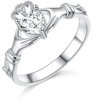 DAOCHONG 925 Sterling Silver Claddagh Ring Good Luck Celtic Knot Irish Claddagh Heart Engagement Promise Friendship Ring Irish Love Loyalty Jewelry for Women Men Birthday Wedding Christmas