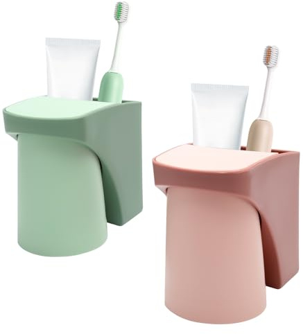 KQDRAVINE Porte-Brosses à Dents 2 Pièces sans Perçage Porte-Brosse à Dents avec Tasse Magnétique Gobelet Brosse à Dent pour Enfants, Support Brosse a Dent Murale pour Familles, Couples Tasse