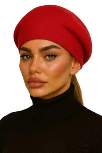 Red Beret,2 Ply Double Jersey Wool Blend, Soft Stretchy Fabric, One Size, Spiral Weave Ribbed Design
