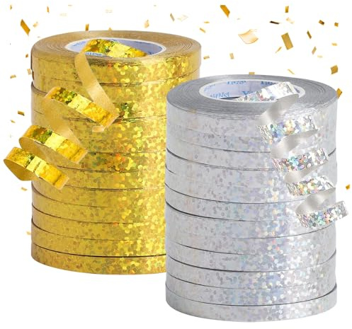 XRVRILE 24 rotoli di stelle filanti, 10 m, oro e argento, nastro di raso glitterato per compleanni, decorazioni per palloncini, Capodanno, decorazione per matrimonio, nastro regalo di carnevale