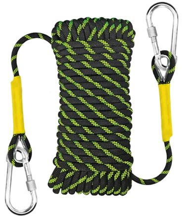 YIUBCZOQI Klättringsrep 10mm Statiskt Klättringsrep 20m Med 2 Stålkrokar För Brandräddning Paddling Fallskärmsrep Utomhus Vandring Bergsklättring Sport Camping UIAA Fluorescenterande Svart