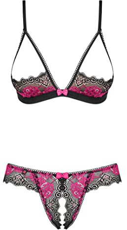 Selente Love & Fun Sfizioso Completo Intimo a 3 Pezzi: Reggiseno, Slip ed Esclusiva Benda per Occhi in Raso, Nero/Magenta minicoppa, L-XL