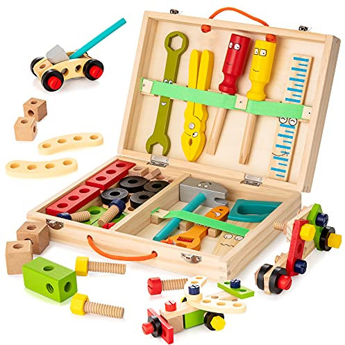 KIDWILL Tool Kit for Kids, Wooden Tool Box with Colorful Wooden Tools, Building Toy Set Creative DIY Educational Construction Toy, for Toddlers 3 Year Old and Up