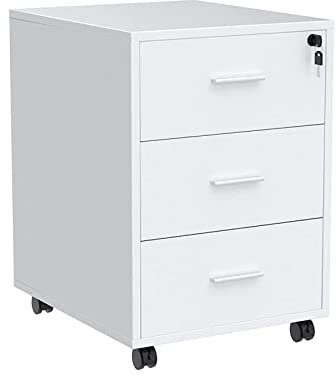 Bürocontainer mit 3 Schubladen, Rollcontainer unter Schreibtisch,Büroschrank für Dokumente, auch als Druckertisch, mobiler Aktenschrank aus MDF (Abschließbar, Weiß)