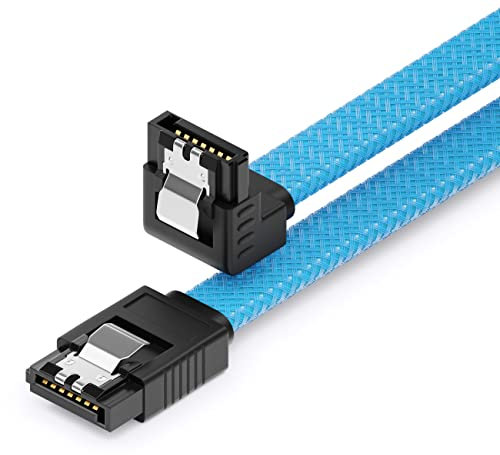deleyCON 30 cm SATA 3 Nylon Câbles de Données 6 Gbit/s SATA III Câbles de Branchement Serial ATA Câbles de Connexion pour Carte Mère & Disque dur HDD SSD 1 Connecteurs en L S-ATA L 90° Coudés Bleu