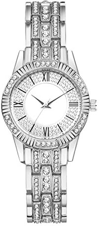 JewelryWe Armbanduhr Damen Elegant Strass Glitzer Analog Quarz Beiläufige Uhr Damenuhr mit Römischen Ziffern Zifferblatt und Metallarmband Silber